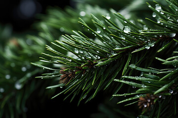 Naklejka na ściany i meble The intricate textures of evergreen needles are highlighted as they catch glistening droplets of melting snow, adding depth to the winter scene. Generative Ai.