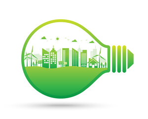 green light bulb and ecology environment cityscape. World  sustainable development. Vector illustration in flat design. isolated on white background. Clean and natural energy.