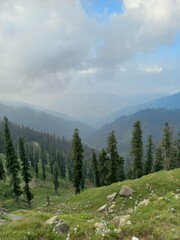 The scenery of a mountain waterfall surrounded by lush greenery and a clear blue sky on top is...