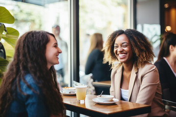 Fototapeta premium Happy smiling female friends sitting in a café laughing and talking during a lunch break