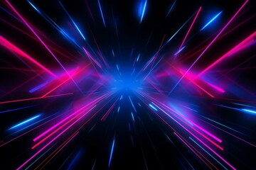 An abstract design in neon pink and blue featuring lasers, lines, and glowing light. Generative AI
