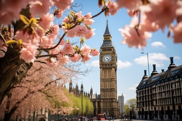 Iconic clock tower and government buildings in London during the spring. Generative AI - obrazy, fototapety, plakaty