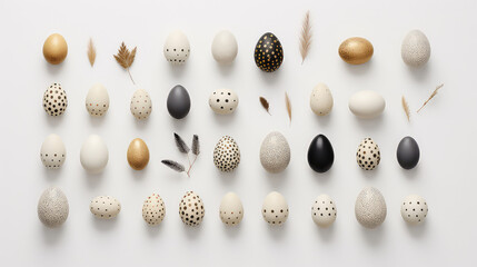 White and gold colors Easter eggs pattern. Creative minimal style Easter backdrop.