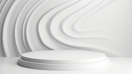 Fototapeta premium A 3D pedestal podium featuring a white paper swirl design, set against a white studio background. This serves as a product display stage in a 3D illustration