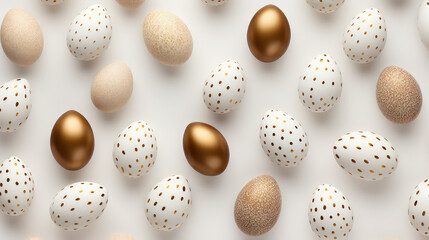 White and gold colors Easter eggs pattern. Creative minimal style Easter backdrop.