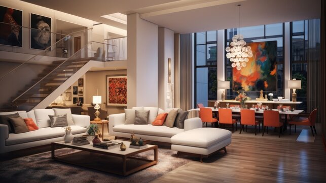 A duplex apartment featuring interior design and decoration in a modern contemporary style, particularly highlighting the living room. This living space seamlessly connects with the dining area