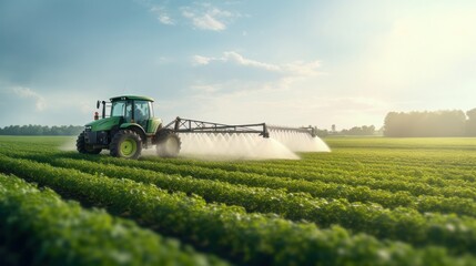 During the spring season, a tractor is applying pesticides to a soybean field using a sprayer