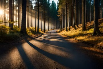 lovely shadowed pine forest in the autumn