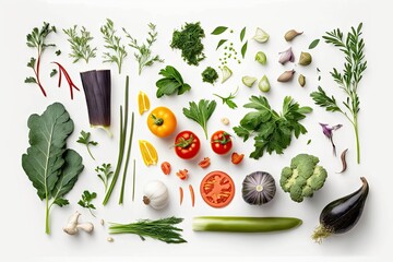 Flat lay composition with fresh vegetables and herbs on white background, top view