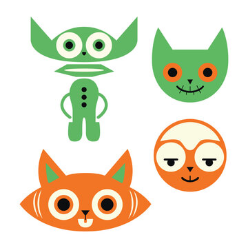 Abstract cat quartet in dark orange and light green with masks and totems. Minimalist illustrator's dream for creative projects