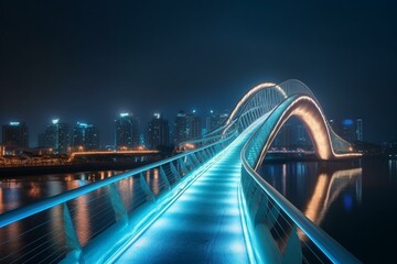 Oceanous curved bridge leading to a city with mesmerizing illuminations. Generative AI