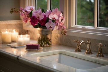 Elegant countertop featuring candle, flowers, sink, mirror, and window. Generative AI