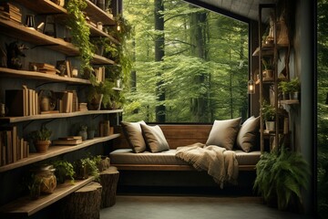 Cozy nook with panoramic woodland scenery, featuring wooden shelves on concrete wall. Generative AI