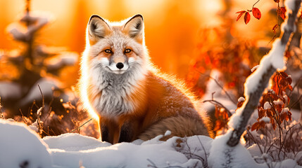 Fox at snow on sunset or sunrise sky abstract background. Animal and nature environment concept.