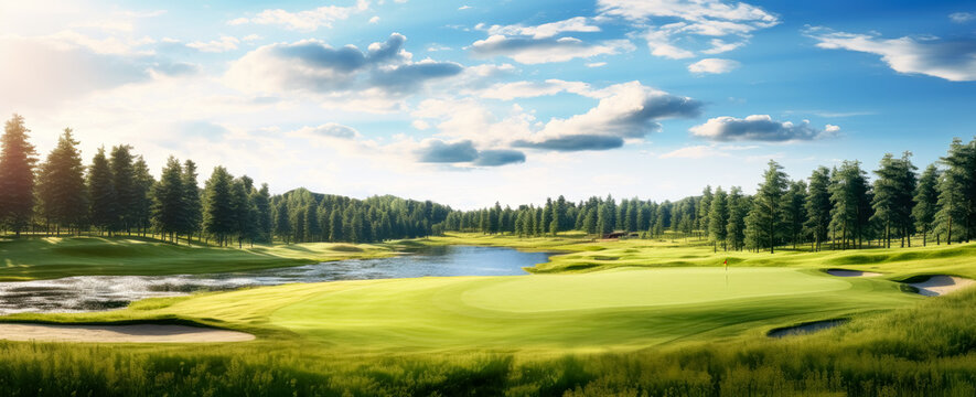 golf courses with lakes and mountains, at sunwood golf course, in the style of naturalistic landscape
