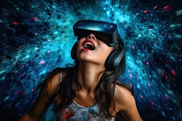Portrait of amazed young woman in a VR headset explores the metaverse's virtual space