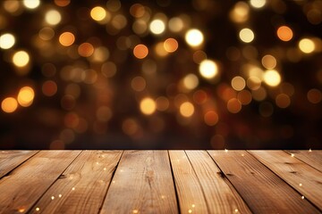 empty wood tabletop with a Christmas blurred background, product display space