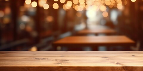 Empty light wooden table top with blurred in coffee shop background, product display space.