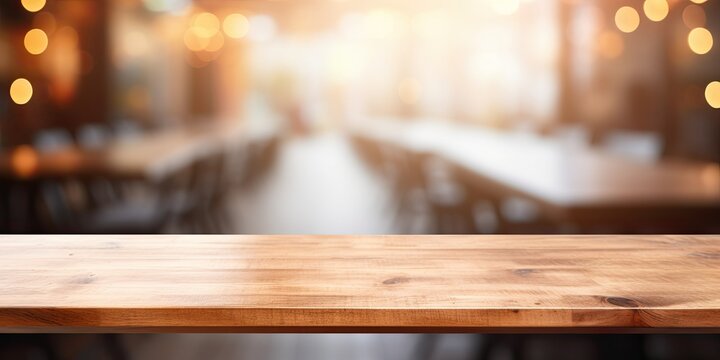 Empty light wooden table top with blurred in coffee shop background, product display space. - Powered by Adobe