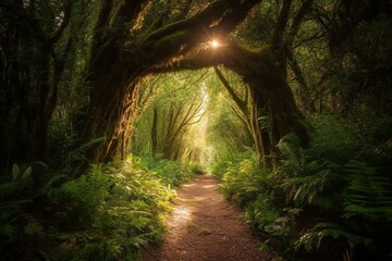 Enchanting forest with a shining path leading to a radiant doorway. Generative AI