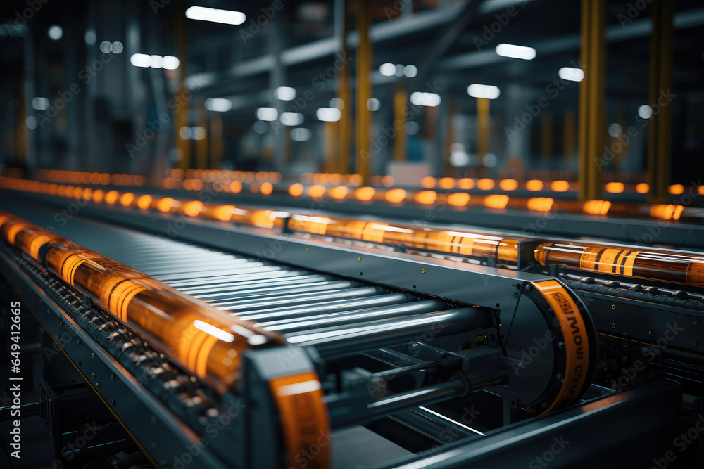 Aufkleber automated conveyor belts transporting goods in a distribution center. generative ai.