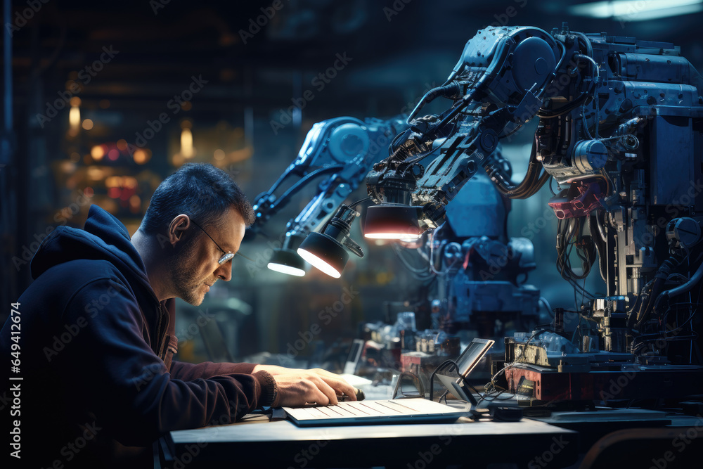 Poster engineers programming a robotic arm for a specific manufacturing task. generative ai.