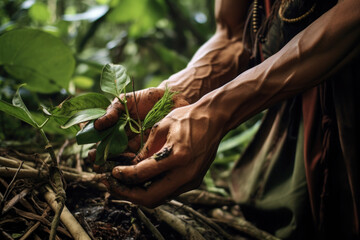 Shaman in Peru picking up Ayahuasca plants. Traditional plant medicine used in religious and shamanic rituals in the amazon rainforest. - obrazy, fototapety, plakaty