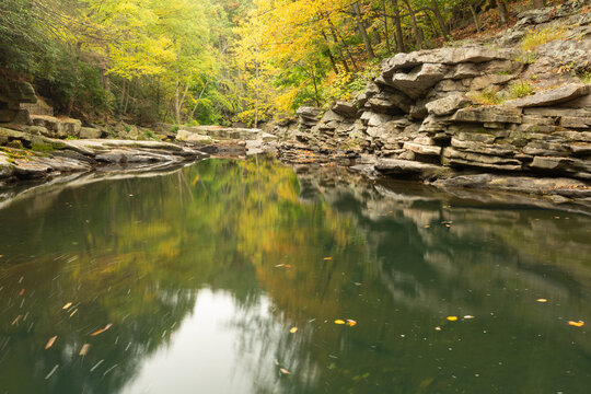 Fallen autumn leaves swirl in a gently flowing section of Roaring Brook in Nay Aug Park Scranton PA. USA. The gold and green trees are reflected in the still water with weathered stone on either side.