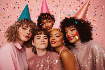 andid party photo of friends on a pastel pink background with confetti..