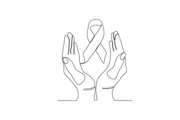 Hands protect the ribbon of consciousness. World AIDS day one-line drawing