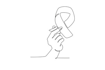 A hand holding a large ribbon. World AIDS day one-line drawing