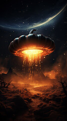 Pumpkin Halloween UFO. UFO flying over the forest. Flying saucer.