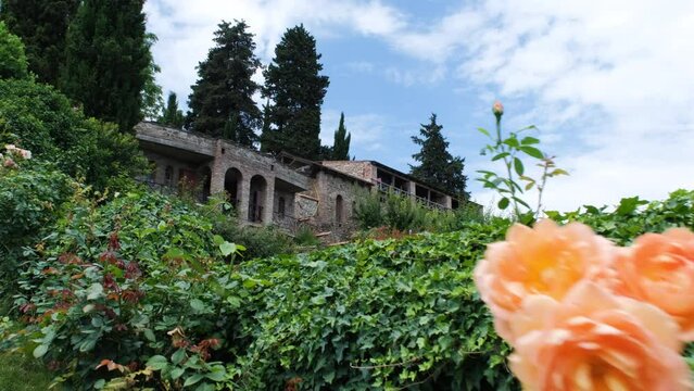 Beautiful surroundings of old Georgian monastery in Signagi or Sighnaghi town in summer day, slow motion
