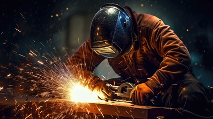 A masked welder welds parts