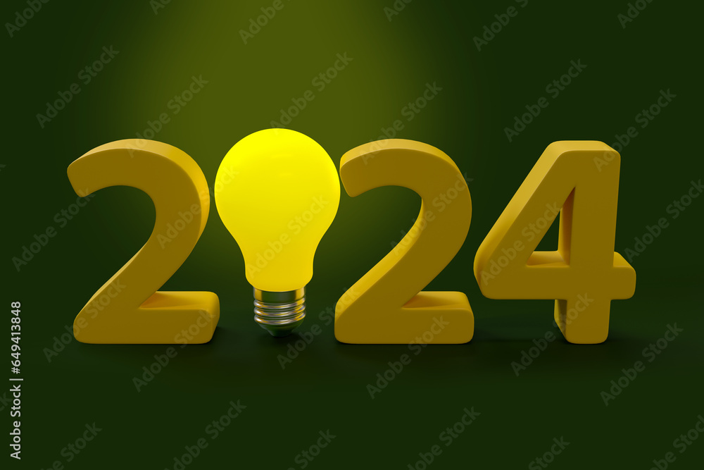 Poster new year 2024 text with light bulb. 3d rendering