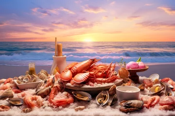 Foto op Aluminium Food platter with meat, olives and wine on the beach at sunset, an assortment of meats and seafood on the beach at sunset. © Saulo Collado