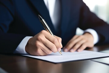 Businessman, executive manager hand filling paper business document, signing contract, partnership agreement on desk in modern office, close up
