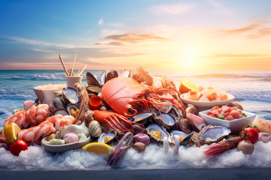 Food platter with meat, olives and wine on the beach at sunset, an assortment of meats and seafood on the beach at sunset.