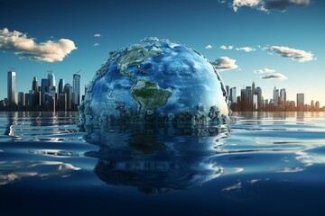 Impending climate crisis: flooded Earth in 2050. NASA-furnished 3D illustration. Melted ice, rising sea levels. Generative AI