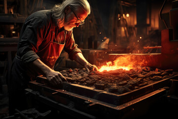 Fototapeta premium A blacksmith forging a red-hot iron piece with precision. Generative Ai.