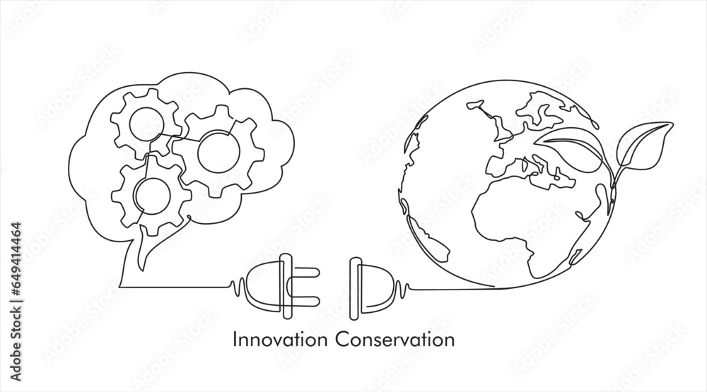 Poster earth globe with plant, thoughts in a brain with gears in one continuous line drawing. concept of ec