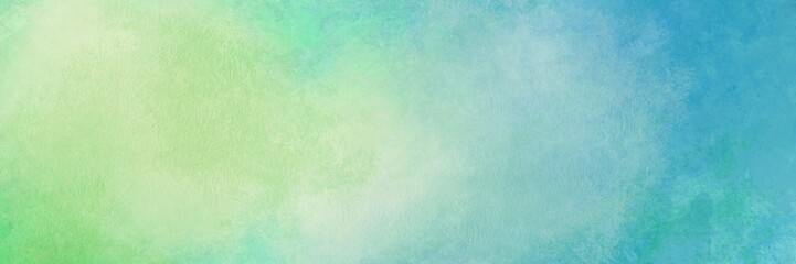 Abstract blue green background with texture, gradient cloudy light green to blue colors with soft sponged watercolor painted white misty fog - 649414410