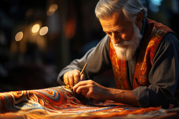 A rug maker weaving vibrant threads into an elegant rug. Generative Ai.