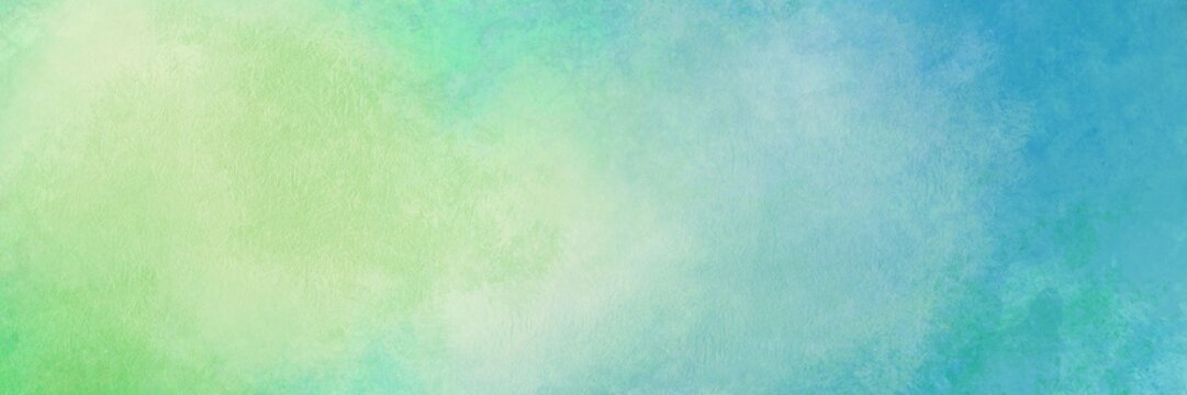 Abstract blue green background with texture, gradient cloudy light green to blue colors with soft sponged watercolor painted white misty fog