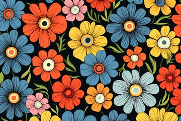 Fototapeta na wymiar Seamless retro flowers pattern in 1970s and 1980s fashion; flat artwork. Generative AI