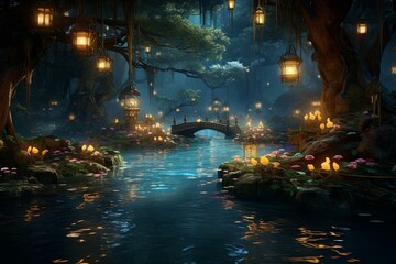 Experience immersive forest with glowing river, lanterns, insane details. Generative AI