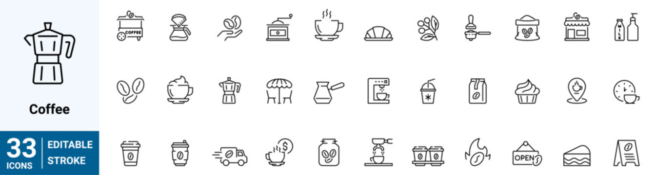 set of 33 line web icons coffee. Icoffee maker machine, beans, Espresso cup. Collection of Outline Icons. Vector illustration.