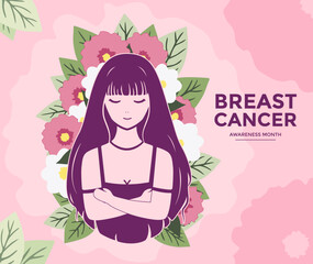 breast cancer awareness month character woman flowers floral flat vector design and illustration