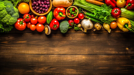 Table en bois avec légumes, vue de dessus, avec place pour texte