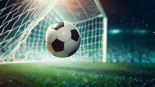 Soccer ball kicked into the goal net on the football field background.ai generative